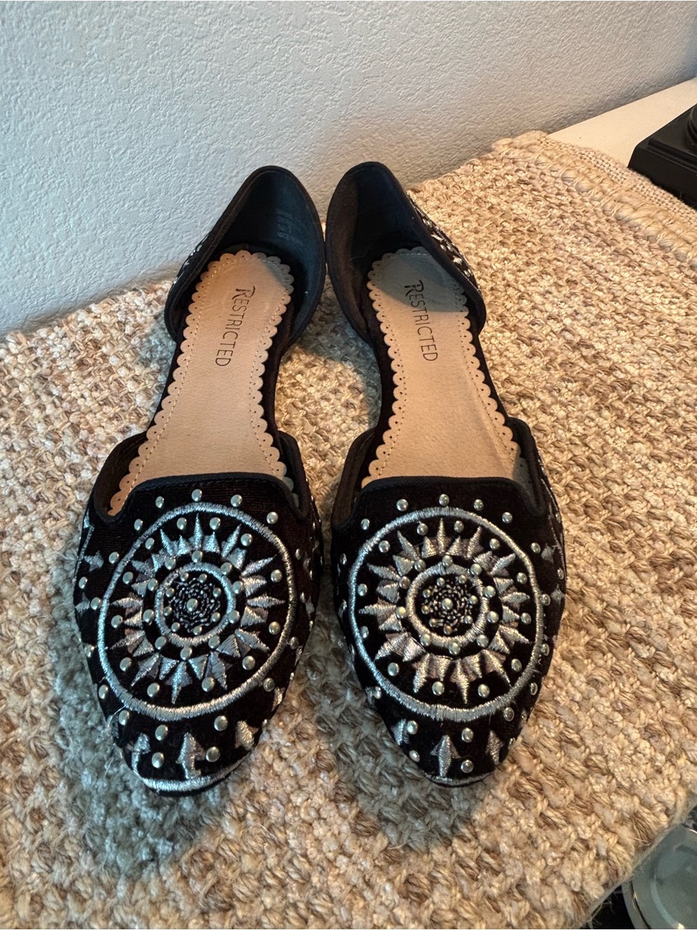 Restricted Black Velvet Embroidered Pointed-Toe Flats with Silver Detailing